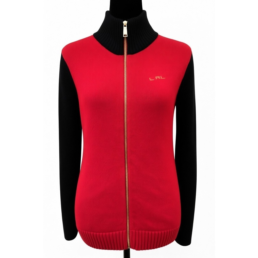 Lauren Ralph Lauren Black Label Full Zipper Cardigan Medium Red Black‎ Cotton